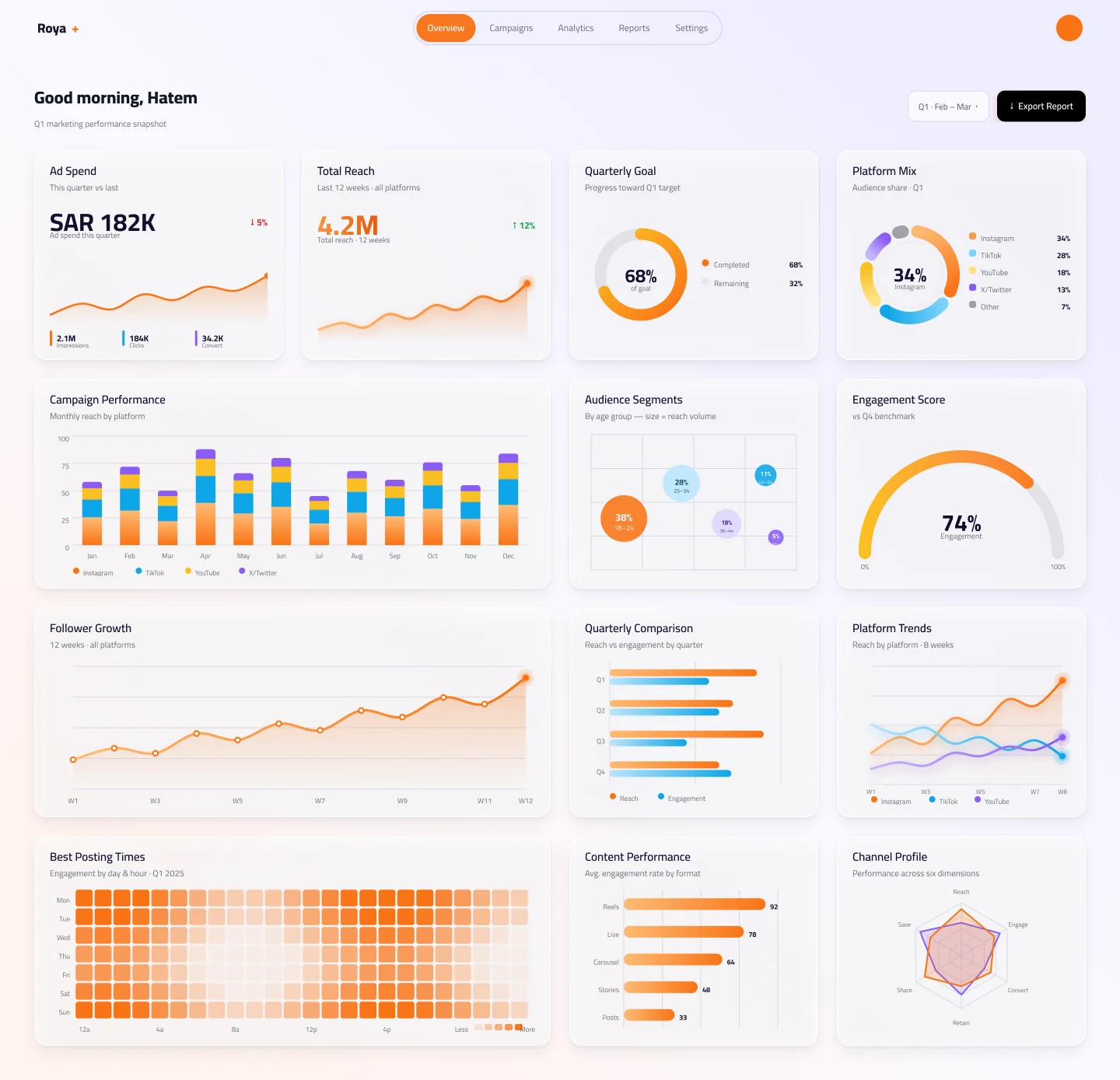 Roya Plus dashboard in the light glass theme: ad spend, total reach, quarterly goal and platform mix cards above campaign, audience, growth and posting-time charts